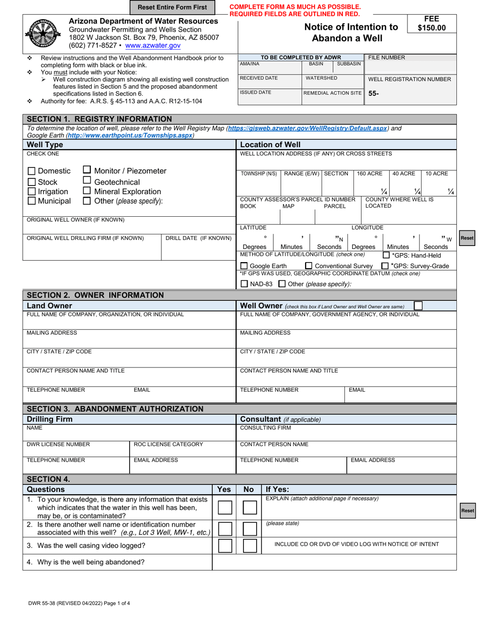 Form Dwr55-38 Download Fillable Pdf Or Fill Online Notice Of Intention 