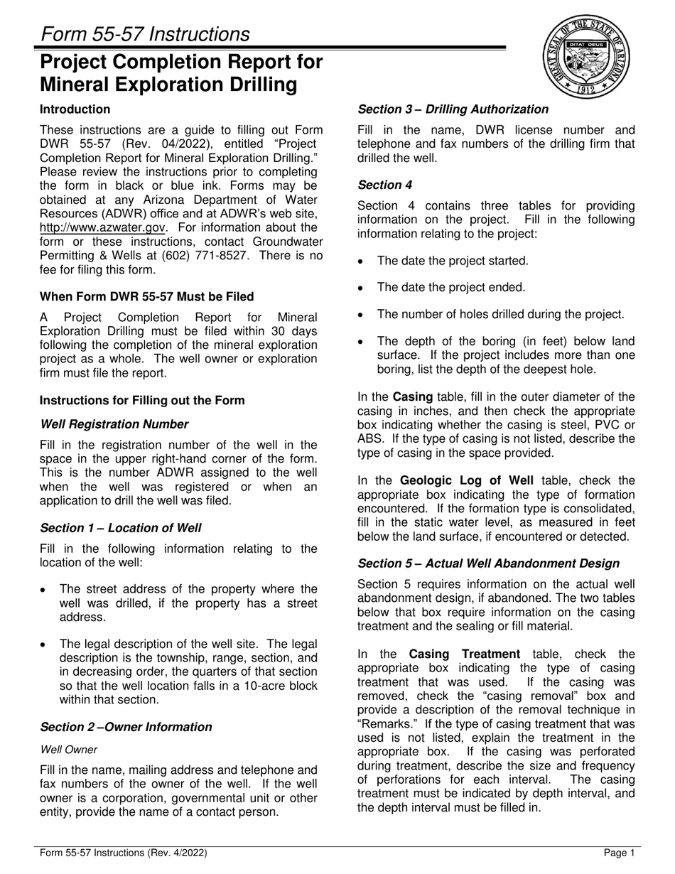 Instructions for Form DWR55-57 Project Completion Report for Mineral Exploration Drilling - Arizona, Page 1