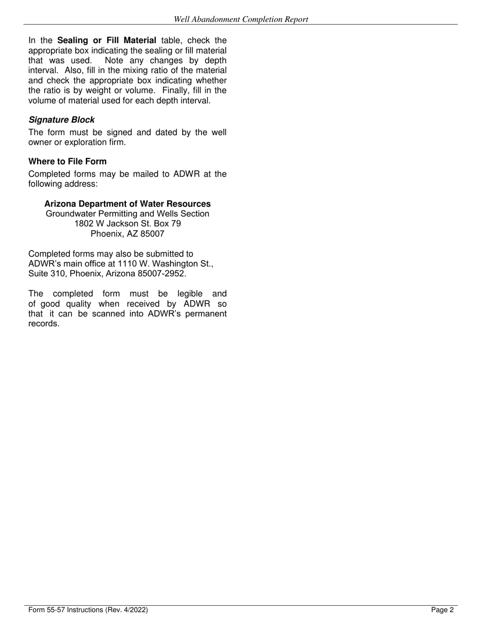 Instructions for Form DWR55-57 Project Completion Report for Mineral Exploration Drilling - Arizona, Page 2