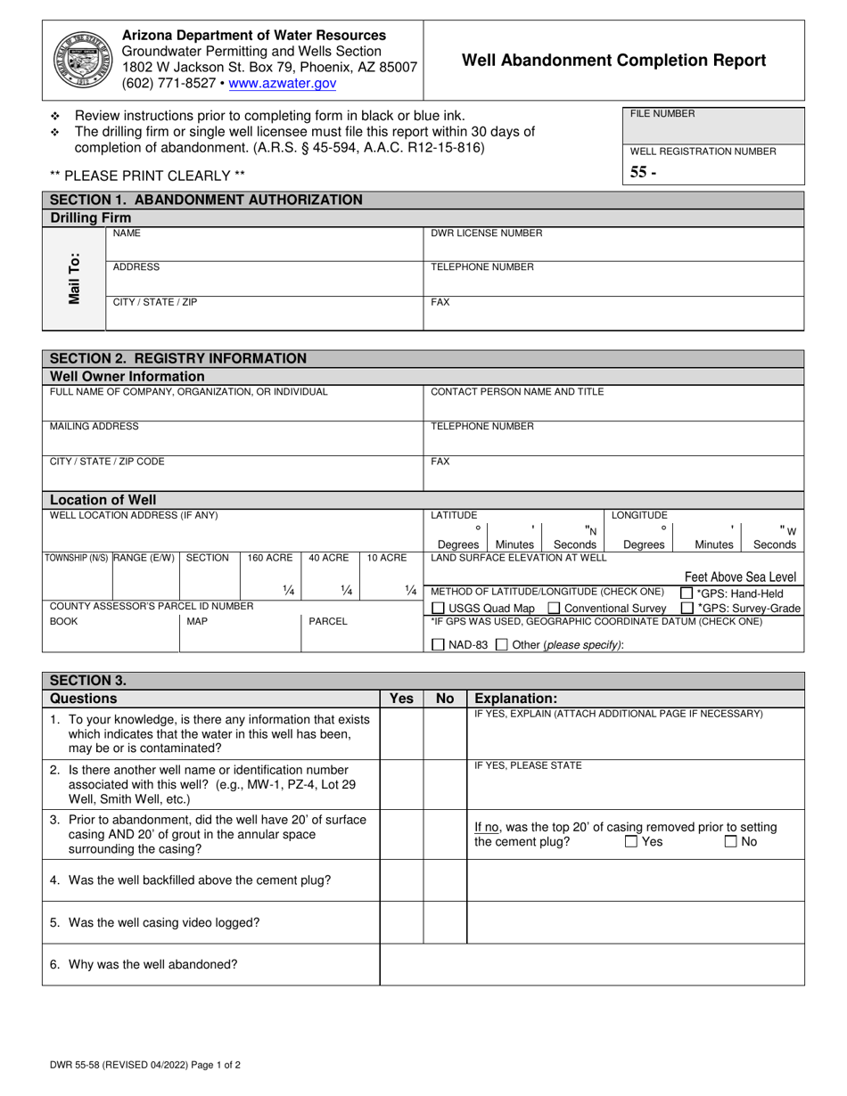 Form DWR55-58 Well Abandonment Completion Report - Arizona, Page 1