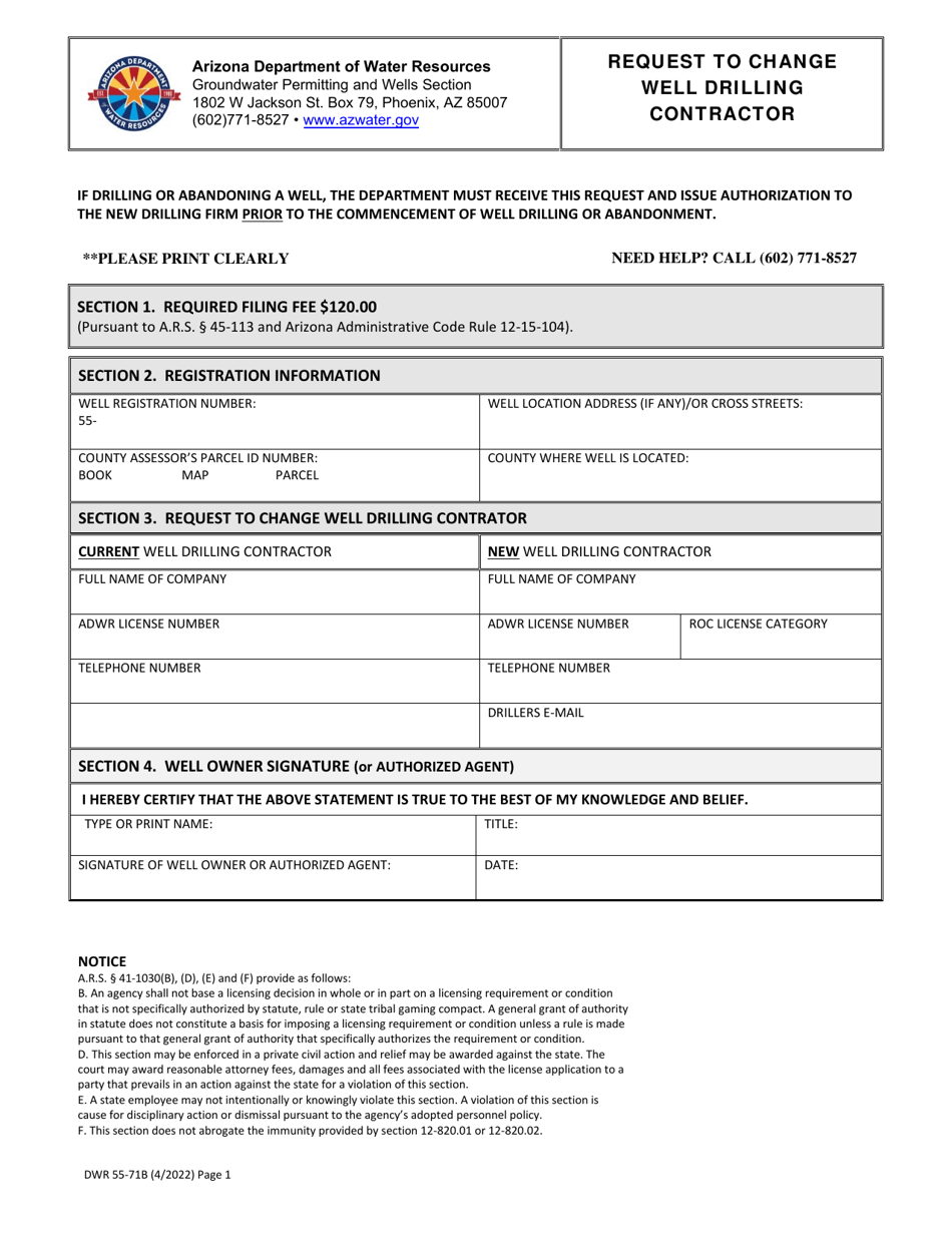 Form DWR55-71B Request to Change Well Drilling Contractor - Arizona, Page 1