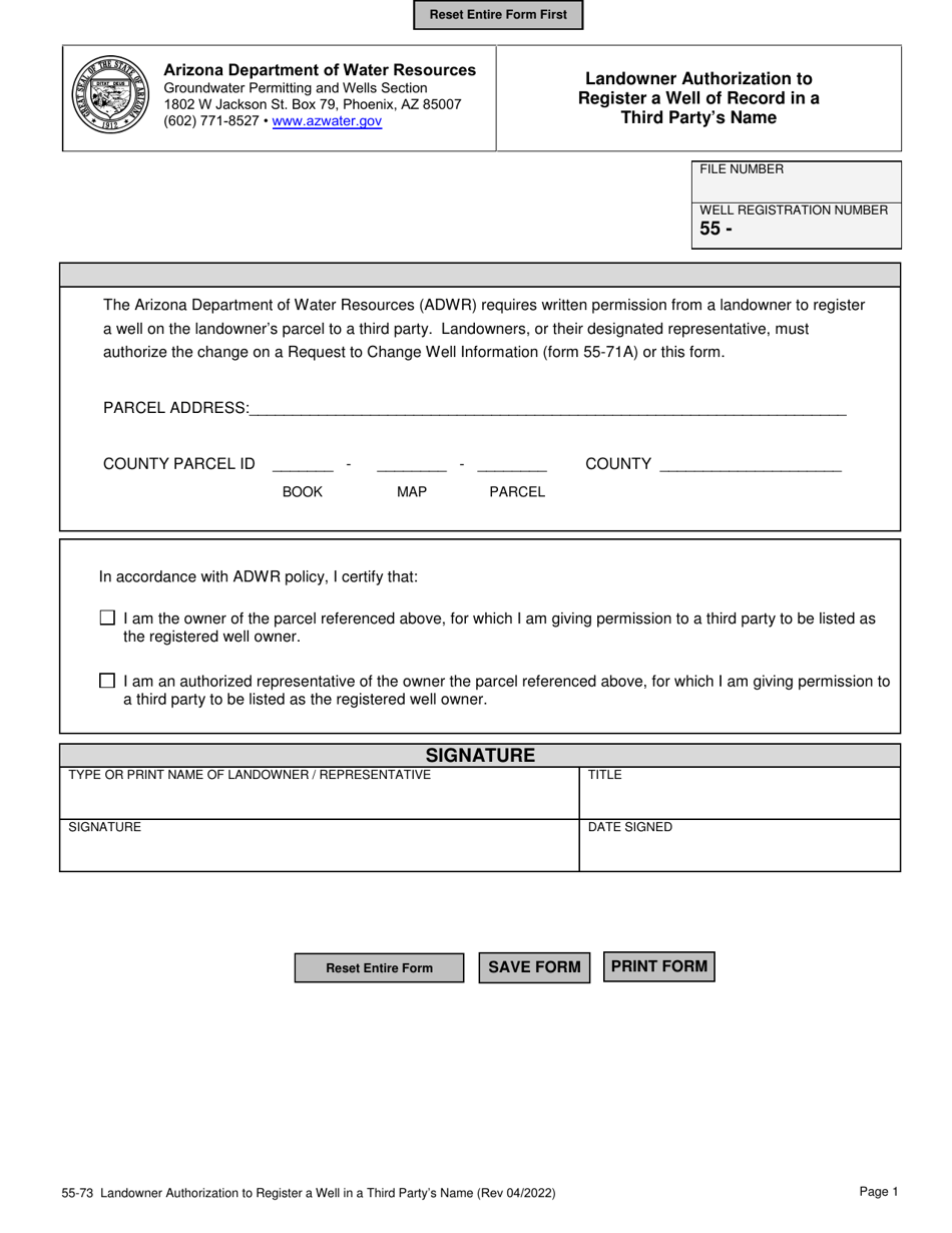 Form DWR55-73 Landowner Authorization to Register a Well of Record in a Third Partys Name - Arizona, Page 1