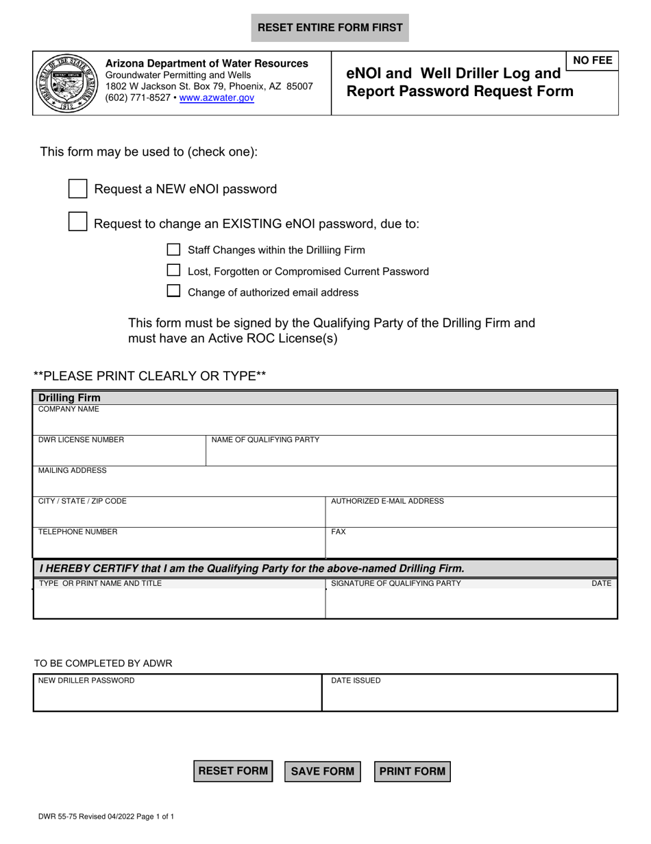 Form DWR55-75 Enoi and Well Driller Log and Report Password Request Form - Arizona, Page 1