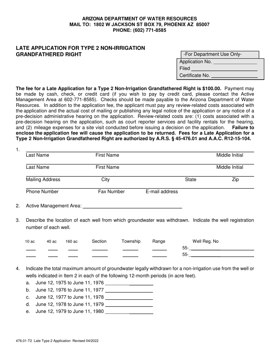 Form 467.01-T2 Late Application for Type 2 Non-irrigation Grandfathered Right - Arizona, Page 1