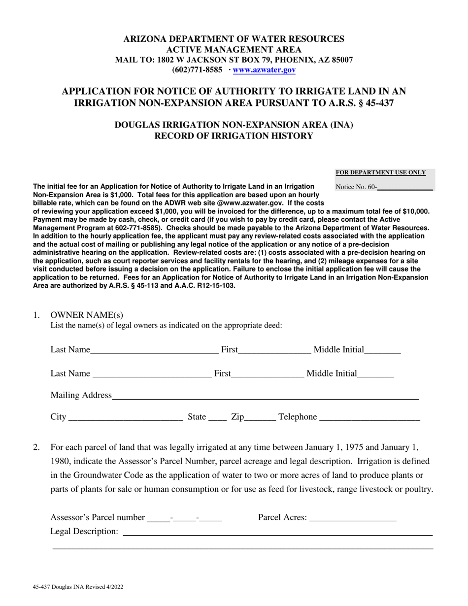 Form 45-437 Application for Notice of Authority to Irrigate Land in an Irrigation Non-expansion Area Pursuant to a.r.s. 45-437 - Douglas Irrigation Non-expansion Area (Ina) - Arizona, Page 1
