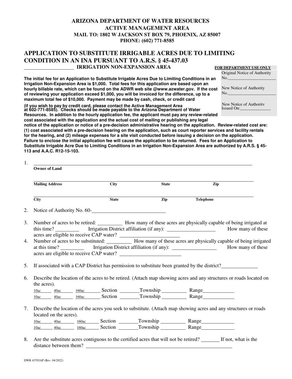 Form DWR43703AP Application to Substitute Irrigable Acres Due to Limiting Conditions in an Irrigation Non-expansion Area Pursuant to a.r.s. 45-437.03 - Arizona, Page 1