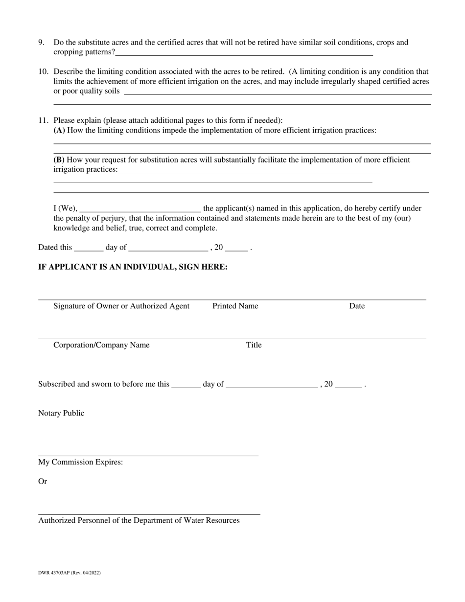 Form DWR43703AP Application to Substitute Irrigable Acres Due to Limiting Conditions in an Irrigation Non-expansion Area Pursuant to a.r.s. 45-437.03 - Arizona, Page 2