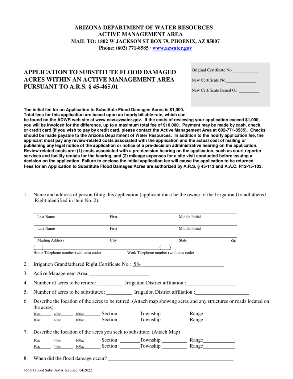 Arizona Application to Substitute Flood Damaged Acres Within an Active ...