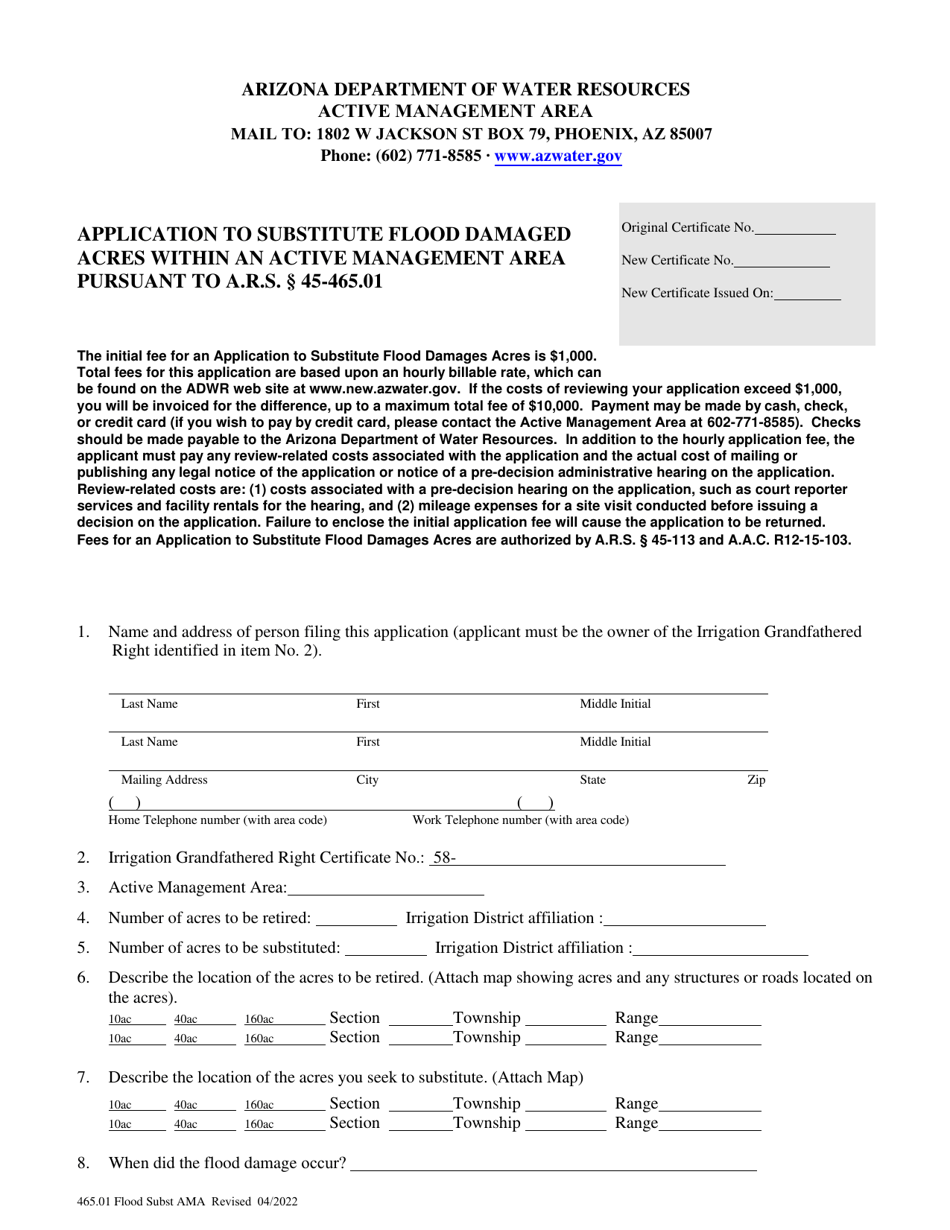 Application to Substitute Flood Damaged Acres Within an Active Management Area Pursuant to a.r.s. 45-465.01 - Arizona, Page 1
