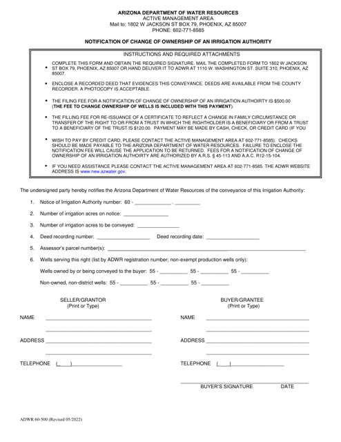 Form ADWR60-500 Notification of Change of Ownership of an Irrigation Authority - Arizona