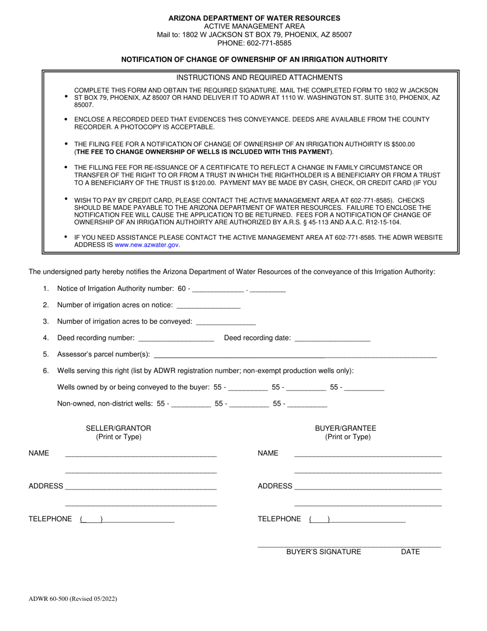 Form ADWR60-500 Notification of Change of Ownership of an Irrigation Authority - Arizona, Page 1