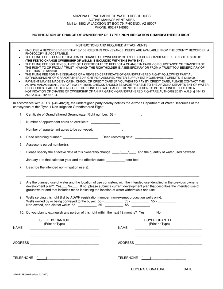 Form ADWR58-600 Notification of Change of Ownership of Type 1 Non Irrigation Grandfathered Right - Arizona, Page 1