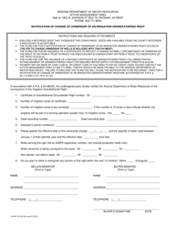 Form ADWR58-500 Notification of Change of Ownership of an Irrigation Grandfathered Right - Arizona
