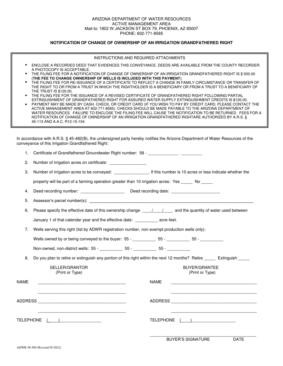 Form ADWR58-500 Notification of Change of Ownership of an Irrigation Grandfathered Right - Arizona, Page 1