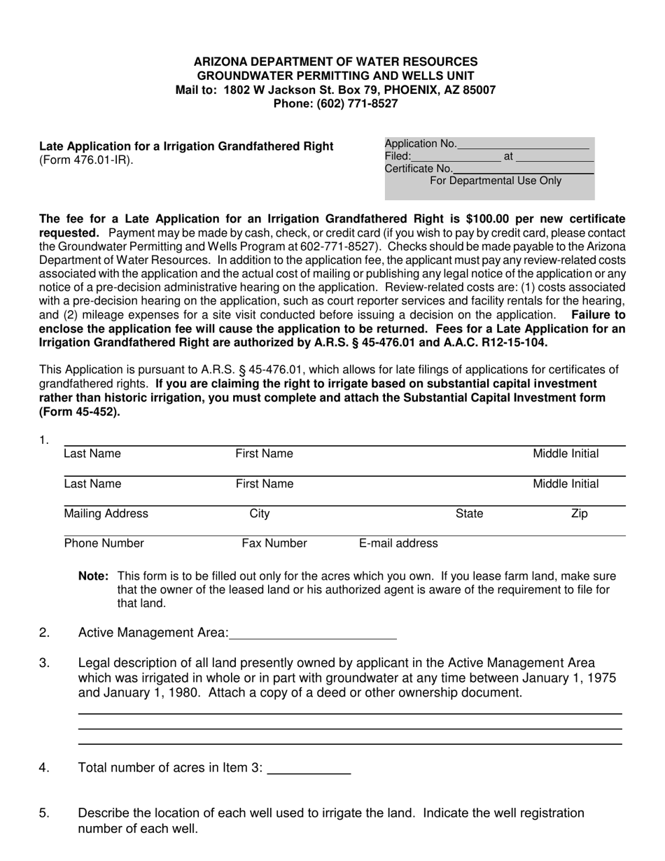 Form 476-01 Late Application for a Irrigation Grandfathered Right - Arizona, Page 1