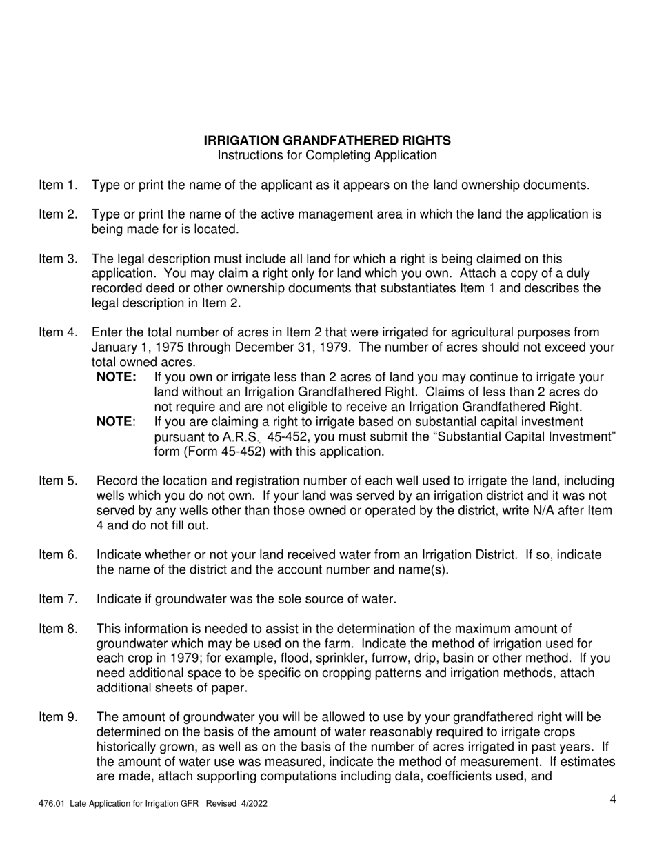 Form 476-01 Late Application for a Irrigation Grandfathered Right - Arizona, Page 4