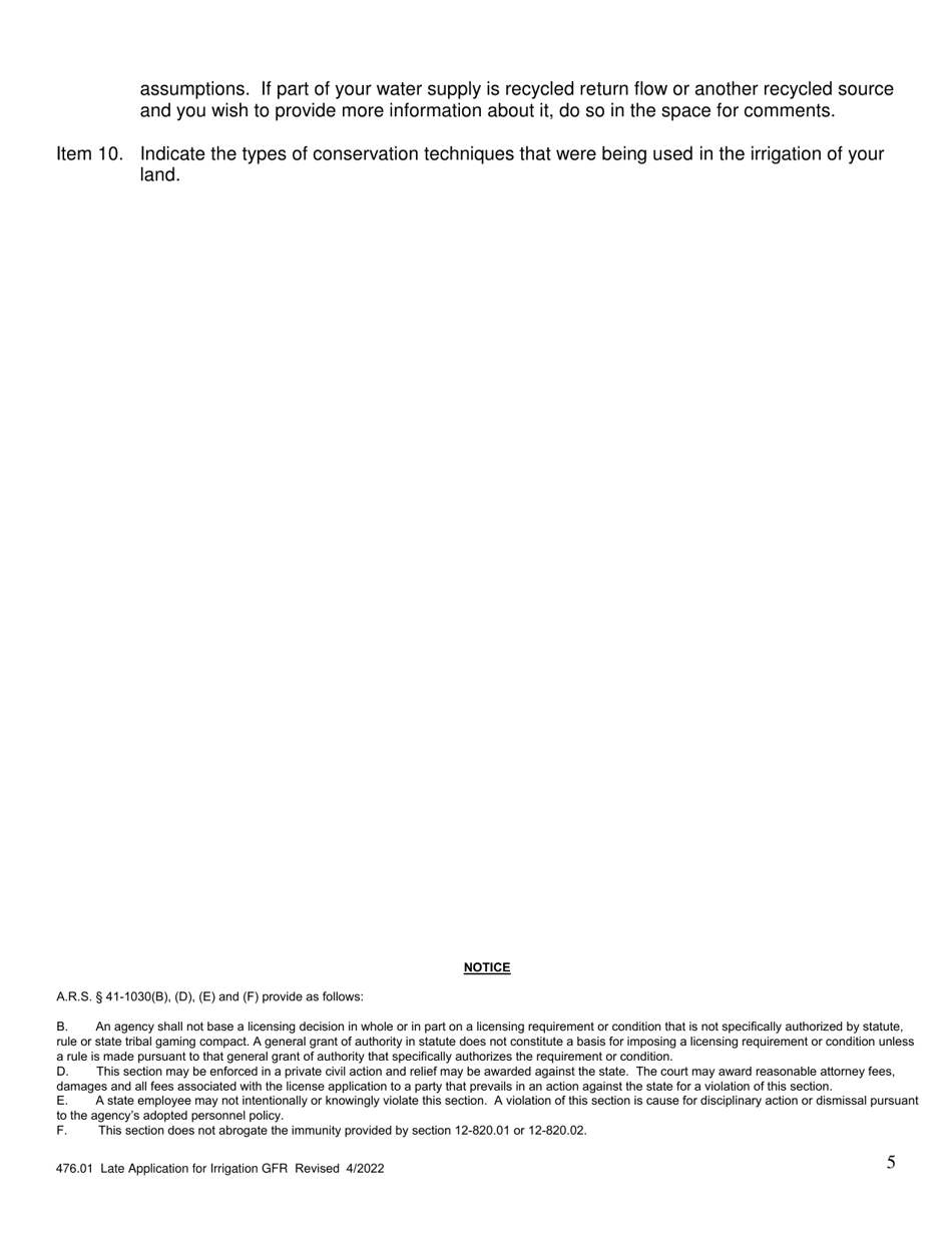 Form 476-01 Late Application for a Irrigation Grandfathered Right - Arizona, Page 5