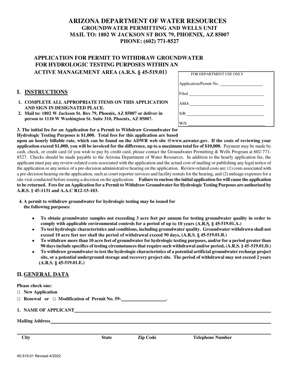 Form 45-519.01 Application for Permit to Withdraw Groundwater for Hydrologic Testing Purposes Within an Active Management Area (Ars 45-519.01) - Arizona, Page 1