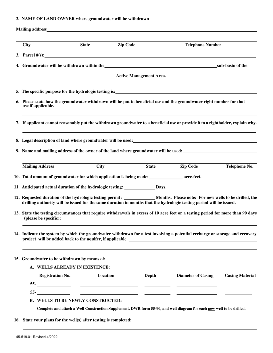Form 45-519.01 Application for Permit to Withdraw Groundwater for Hydrologic Testing Purposes Within an Active Management Area (Ars 45-519.01) - Arizona, Page 2
