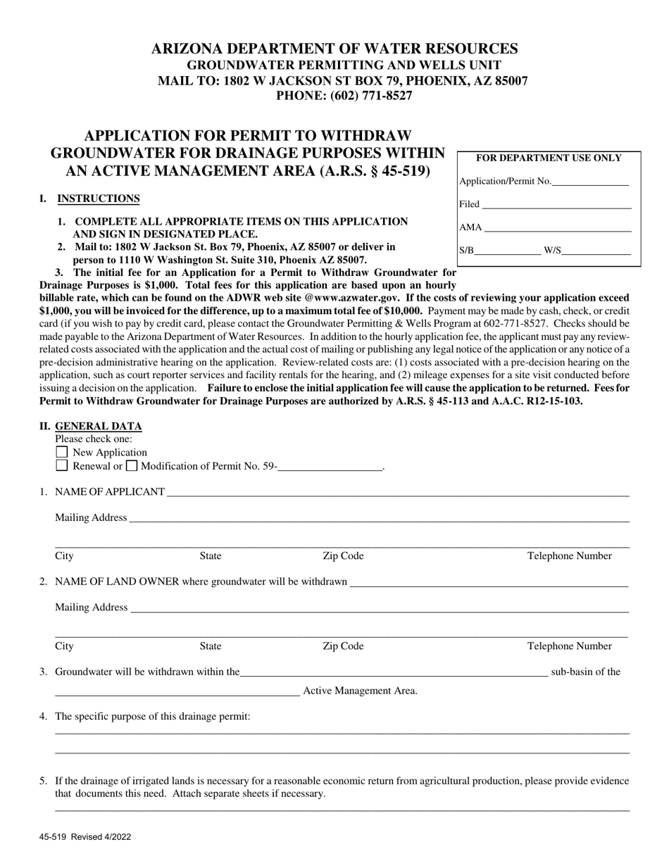 Form 45-519 Application for Permit to Withdraw Groundwater for Drainage Purposes Within an Active Management Area (A.r.s. 45-519) - Arizona, Page 1