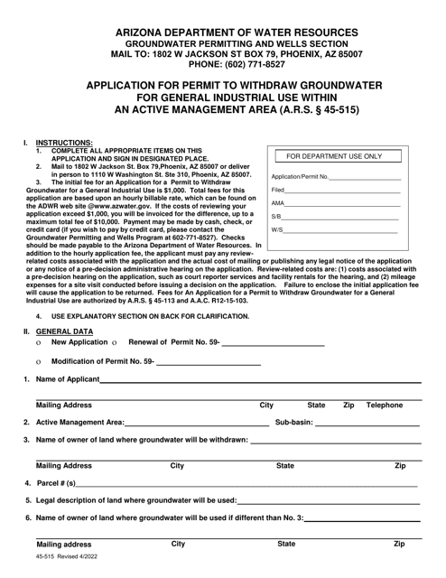 Form 45-515 Application for Permit to Withdraw Groundwater for General Industrial Use Within an Active Management Area (A.r.s. 45-515) - Arizona