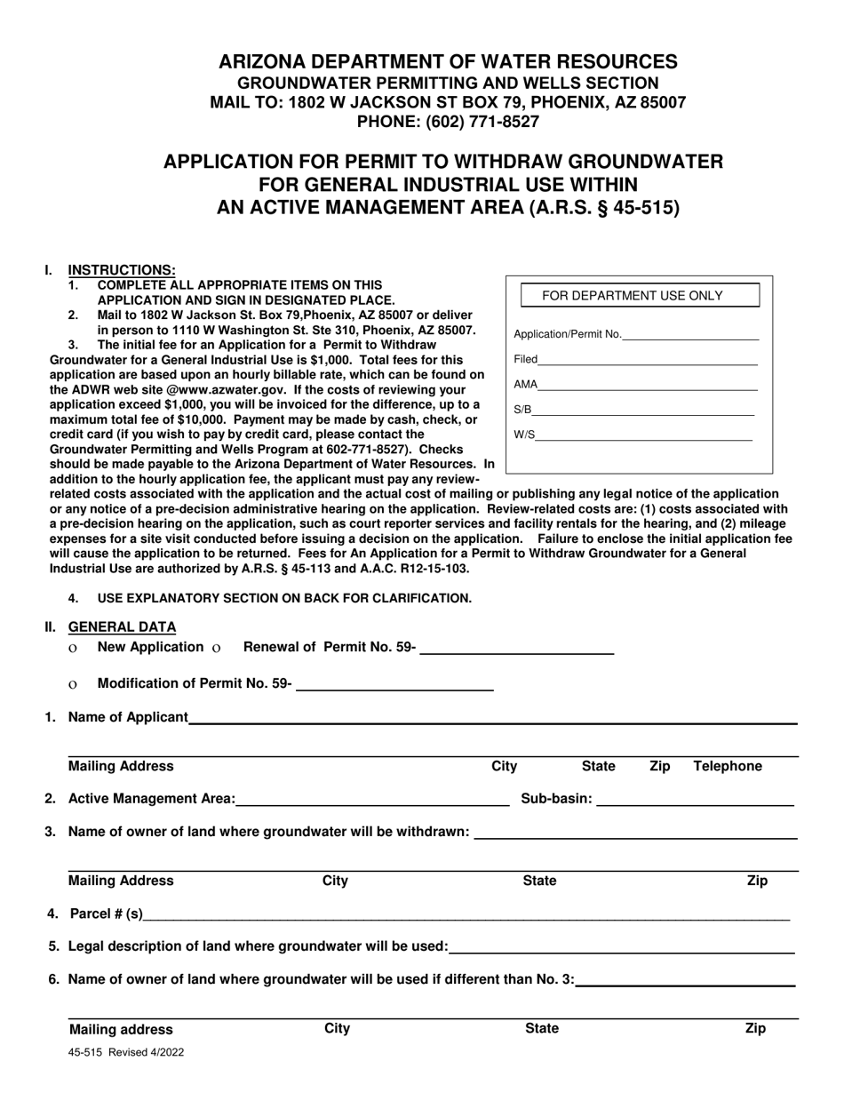 Form 45-515 Application for Permit to Withdraw Groundwater for General Industrial Use Within an Active Management Area (A.r.s. 45-515) - Arizona, Page 1