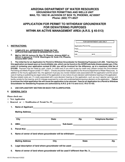 Form 45-513 Application for Permit to Withdraw Groundwater for Dewatering Purposes Within an Active Management Area - Arizona