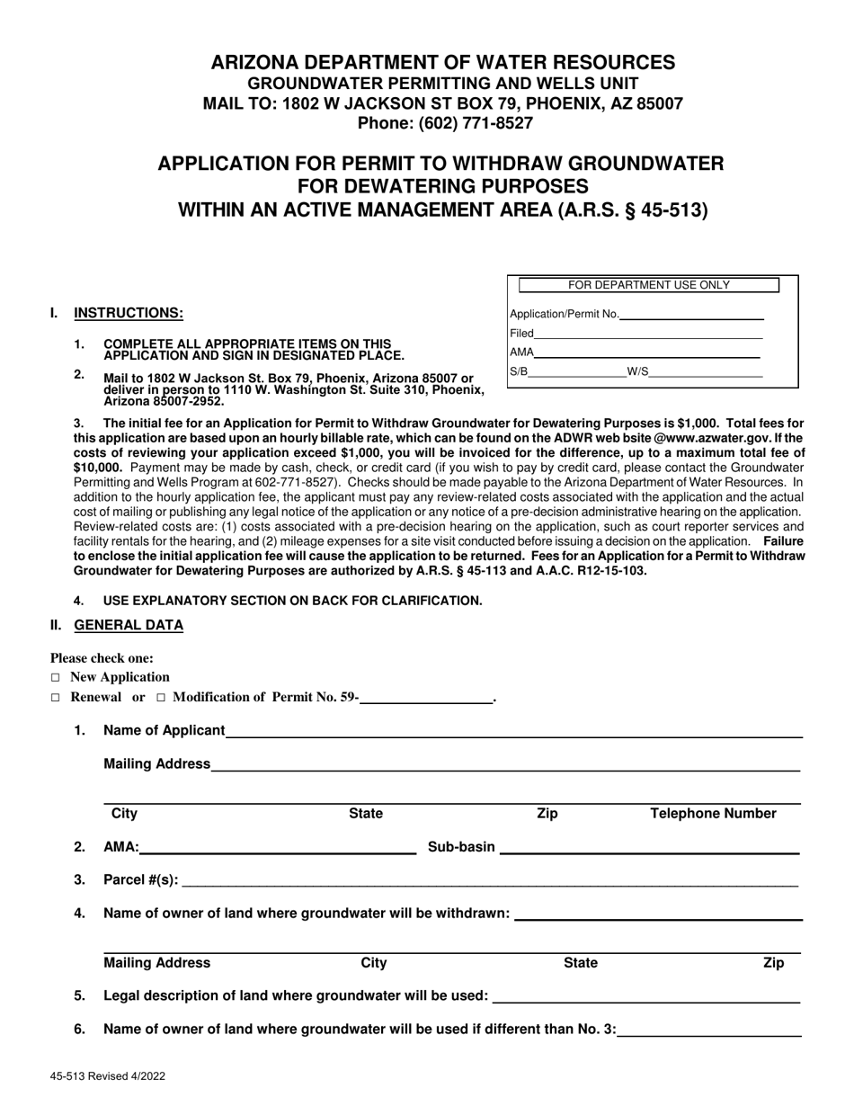 Form 45-513 Application for Permit to Withdraw Groundwater for Dewatering Purposes Within an Active Management Area - Arizona, Page 1