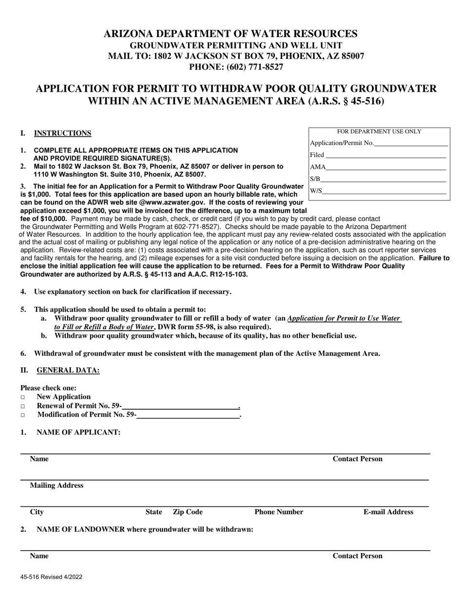 Form DWR45-516 Application for Permit to Withdraw Poor Quality Groundwater Within an Active Management Area (A.r.s. 45-516) - Arizona, Page 1