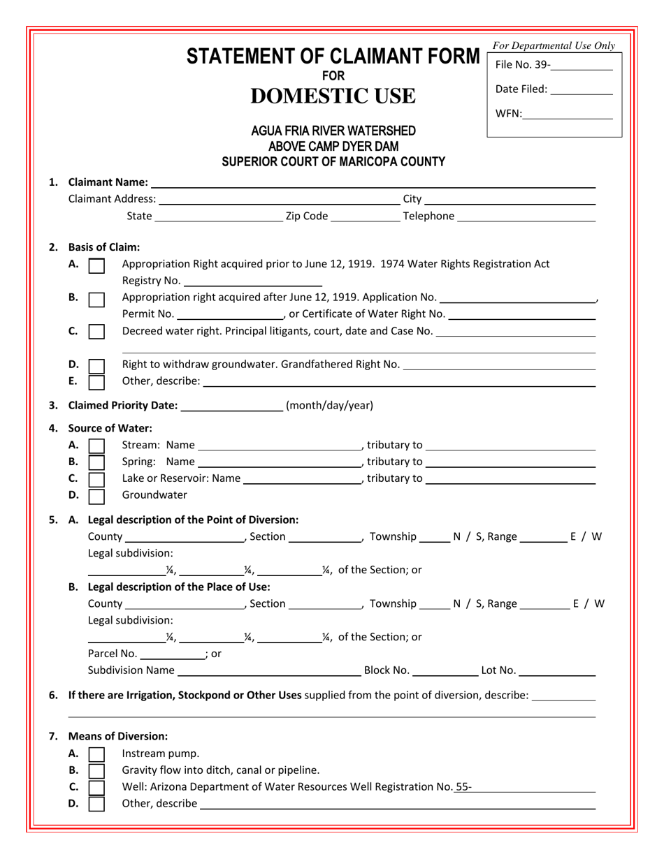 Statement of Claimant Form for Domestic Use - Agua Fria River Watershed Above Camp Dyer Dam - Arizona, Page 1