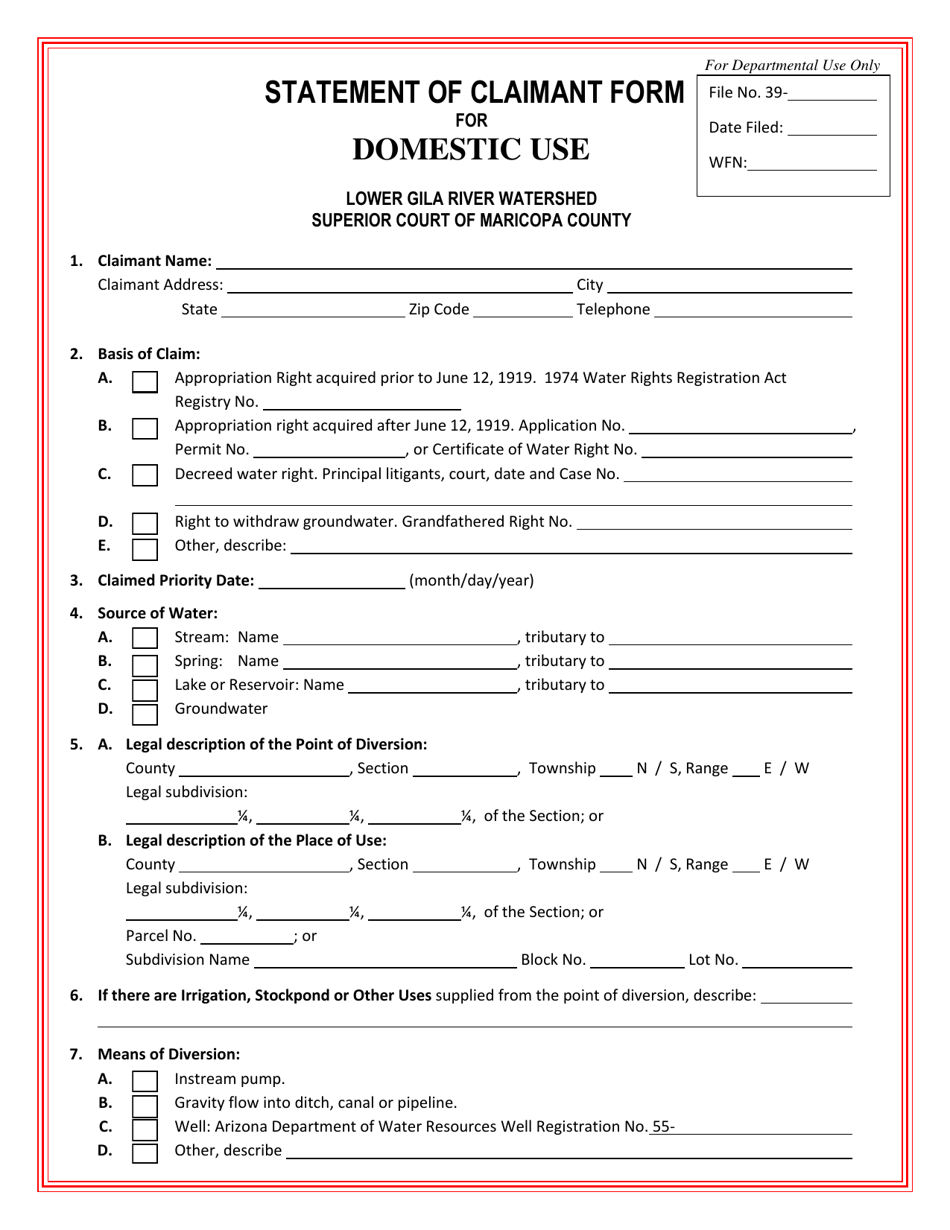 Statement of Claimant Form for Domestic Use - Lower Gila River Watershed - Arizona, Page 1