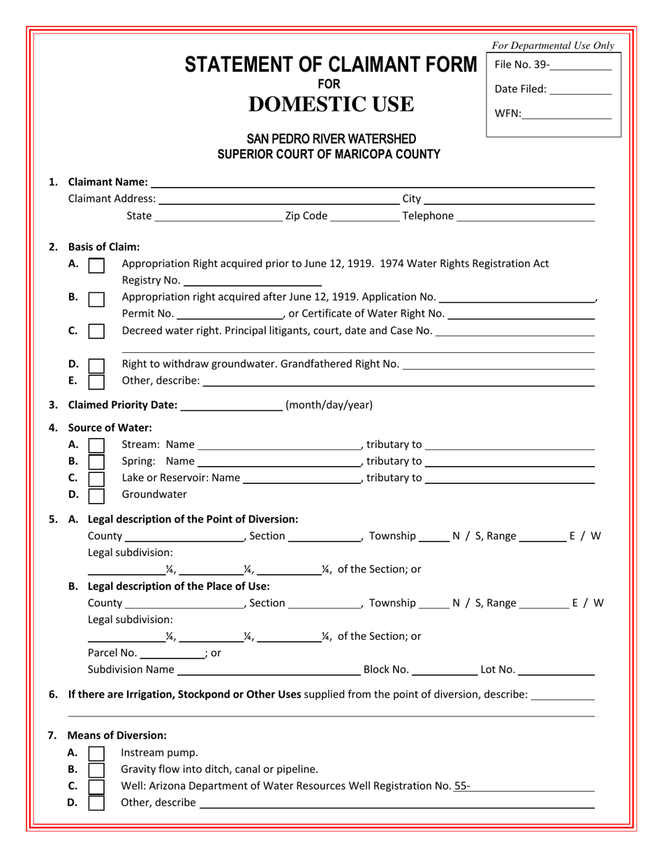 Statement of Claimant Form for Domestic Use - San Pedro River Watershed - Arizona, Page 1