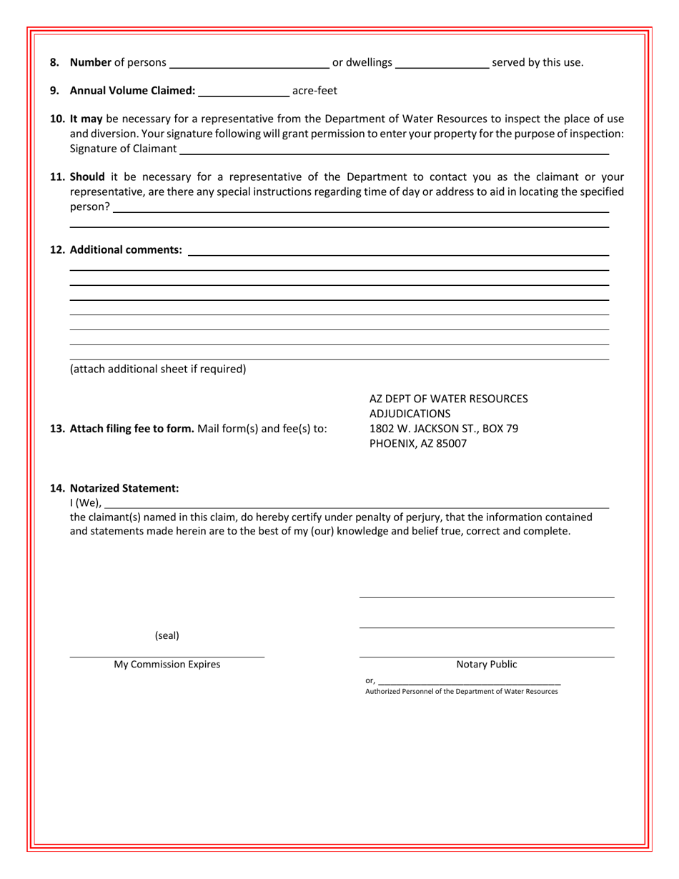 Statement of Claimant Form for Domestic Use - San Pedro River Watershed - Arizona, Page 2