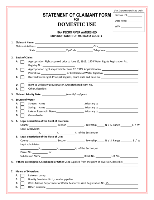 Statement of Claimant Form for Domestic Use - San Pedro River Watershed - Arizona Download Pdf