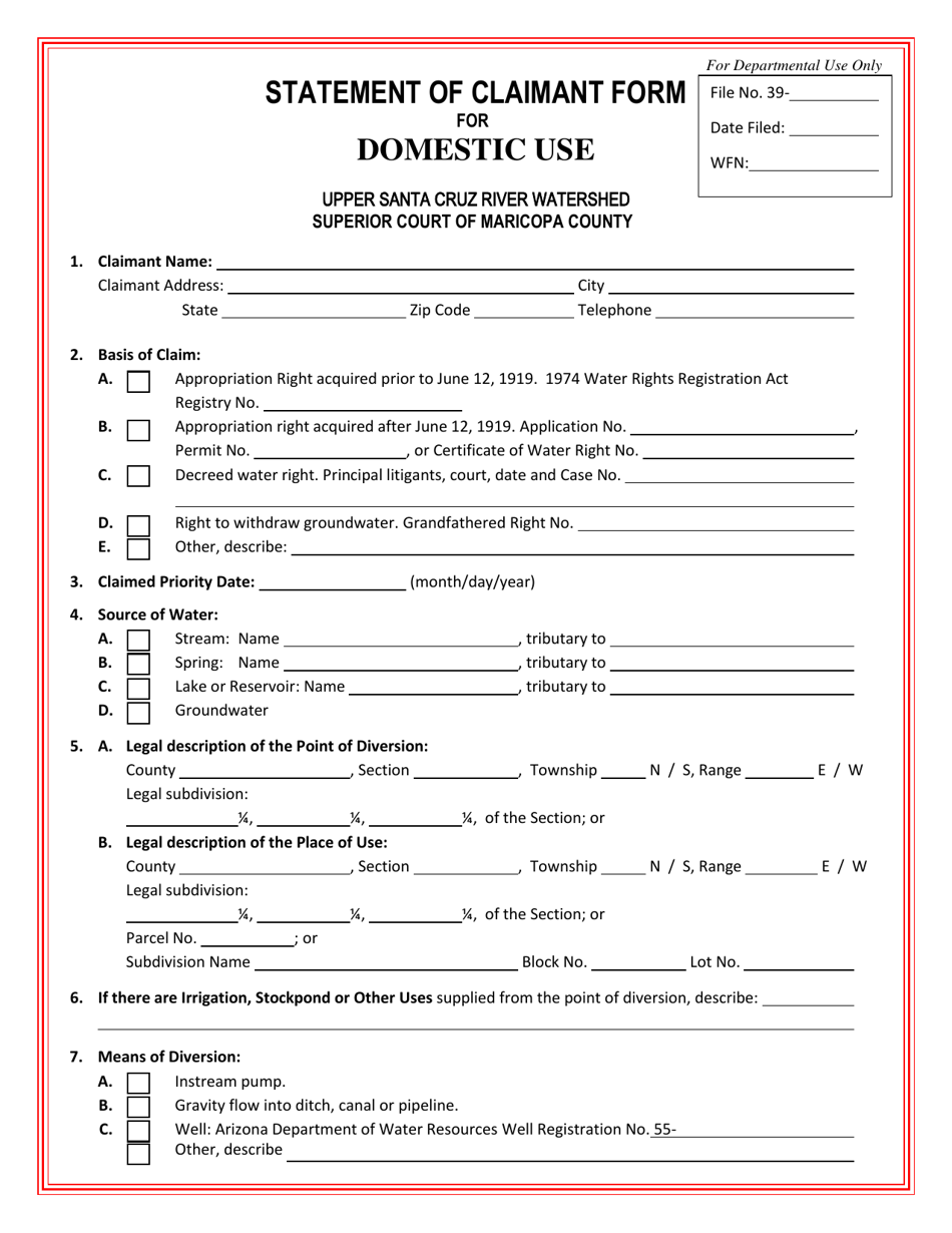 Statement of Claimant Form for Domestic Use - Upper Santa Cruz River Watershed - Arizona, Page 1