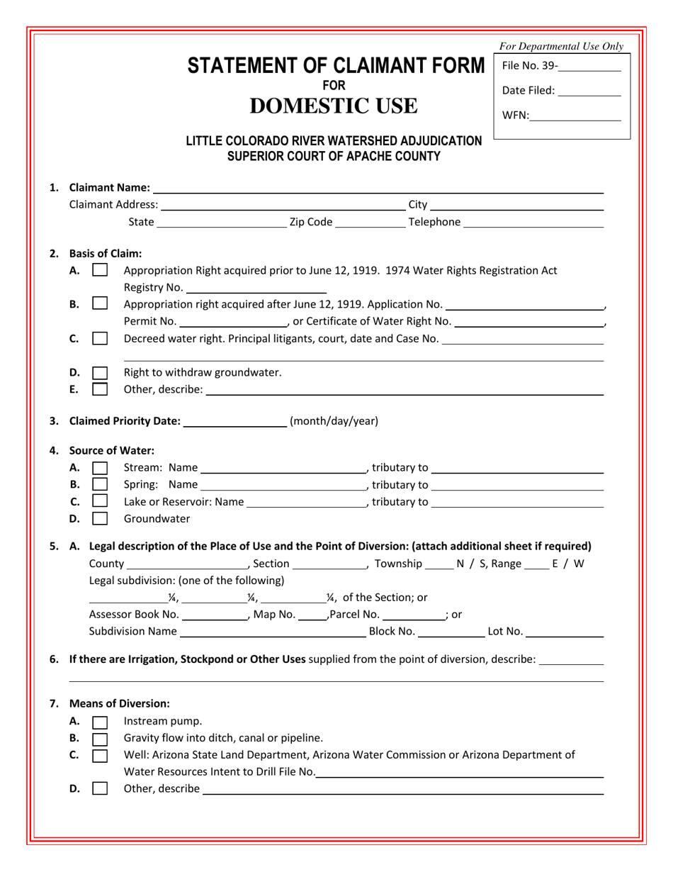 Statement of Claimant Form for Domestic Use - Little Colorado River Watershed Adjudication - Arizona, Page 1