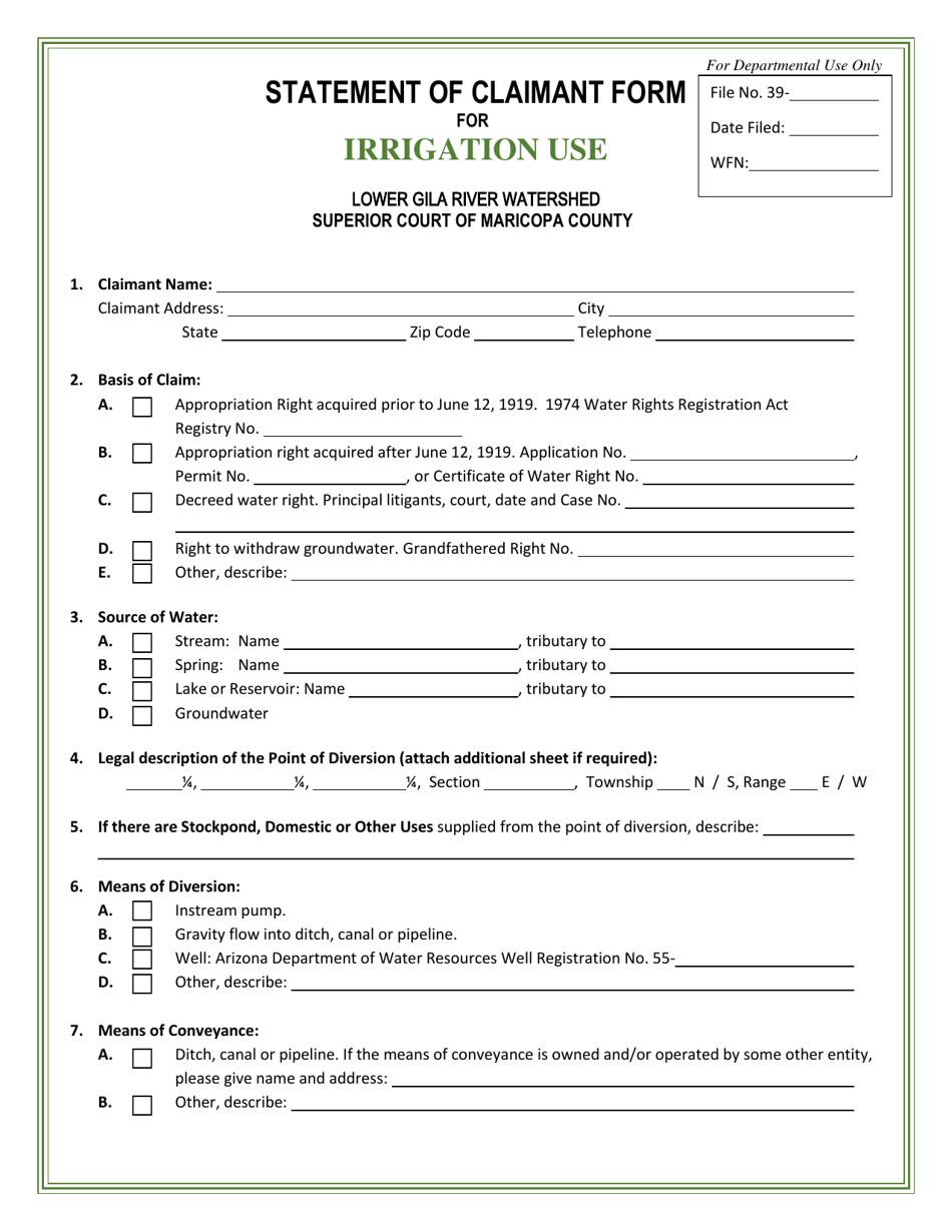 Statement of Claimant Form for Irrigation Use - Lower Gila River Watershed - Arizona, Page 1