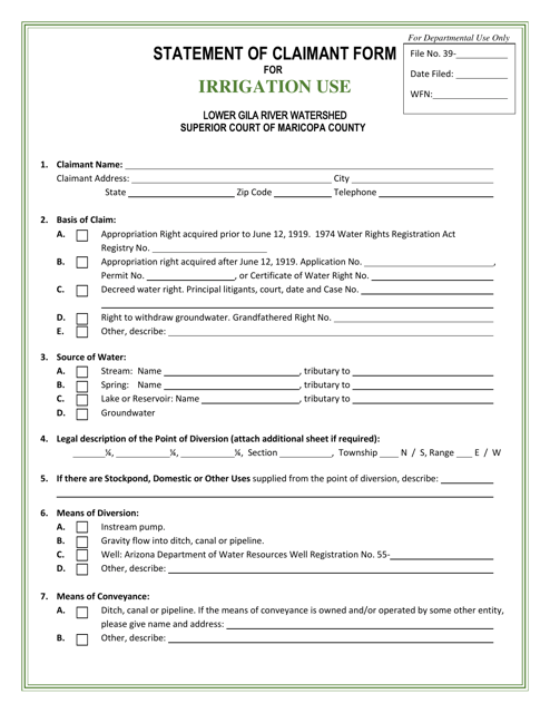 Statement of Claimant Form for Irrigation Use - Lower Gila River Watershed - Arizona Download Pdf