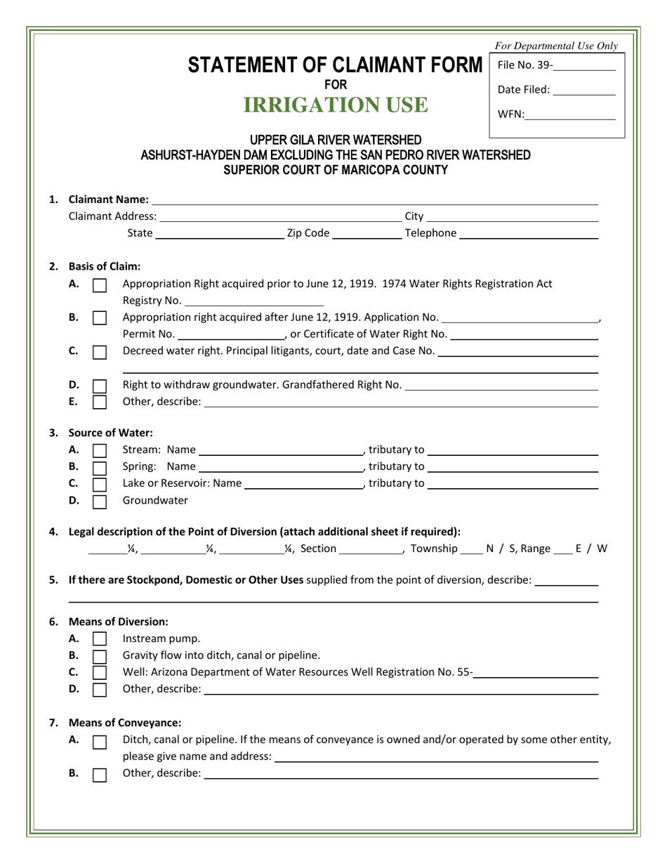 Statement of Claimant Form for Irrigation Use - Upper Gila River Watershed / Ashurst-Hayden Dam Excluding the San Pedro River Watershed - Arizona, Page 1