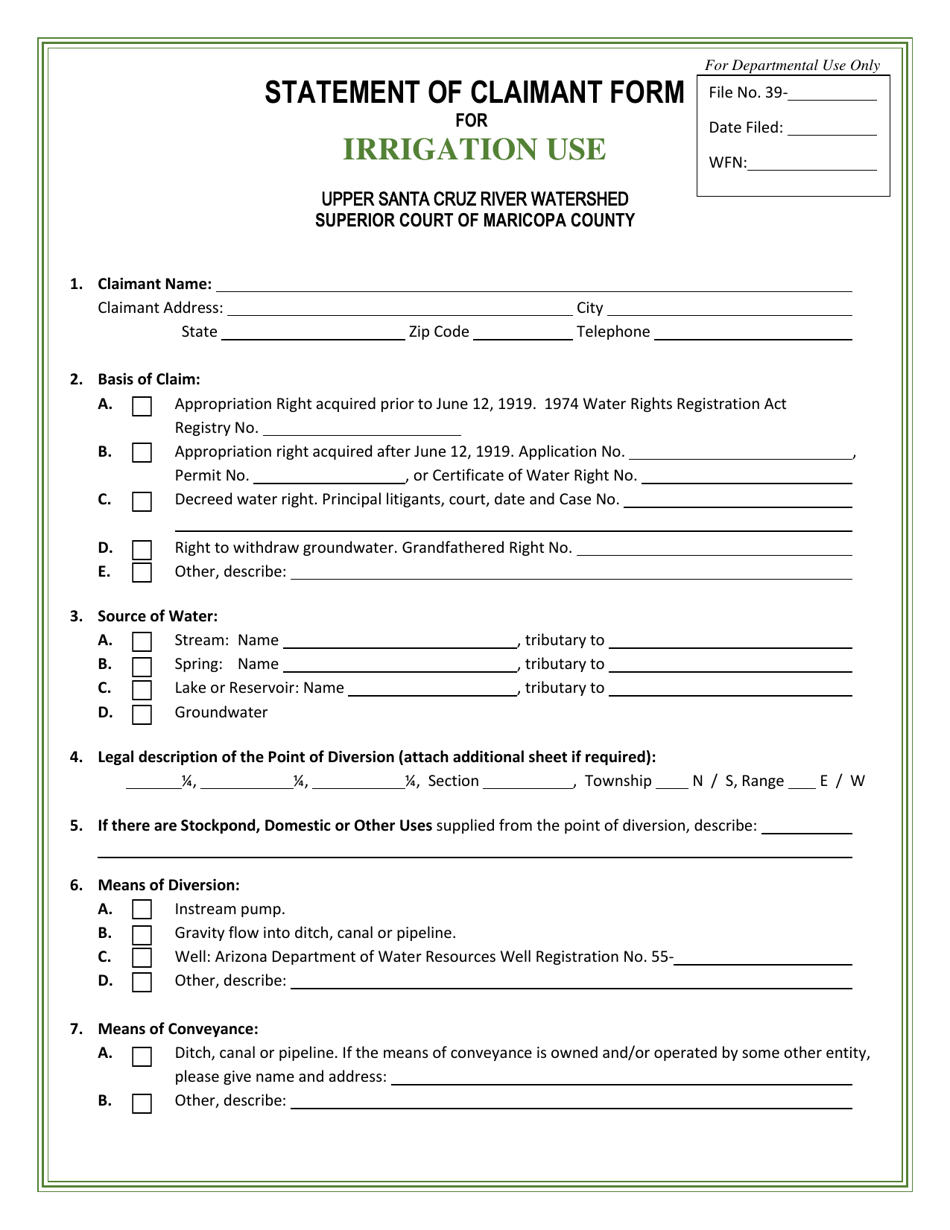 Statement of Claimant Form for Irrigation Use - Upper Santa Cruz River Watershed - Arizona, Page 1