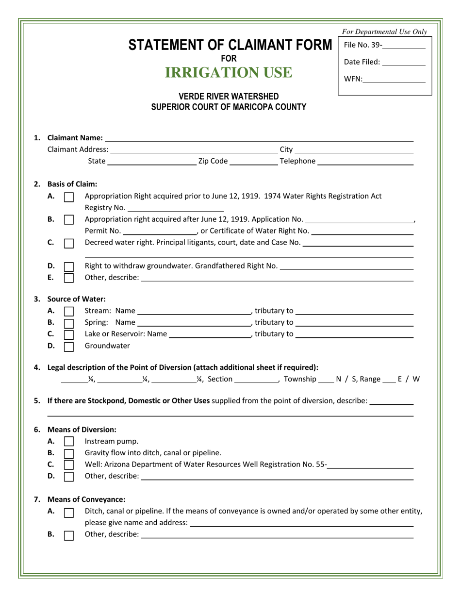 Statement of Claimant Form for Irrigation Use - Verde River Watershed - Arizona, Page 1