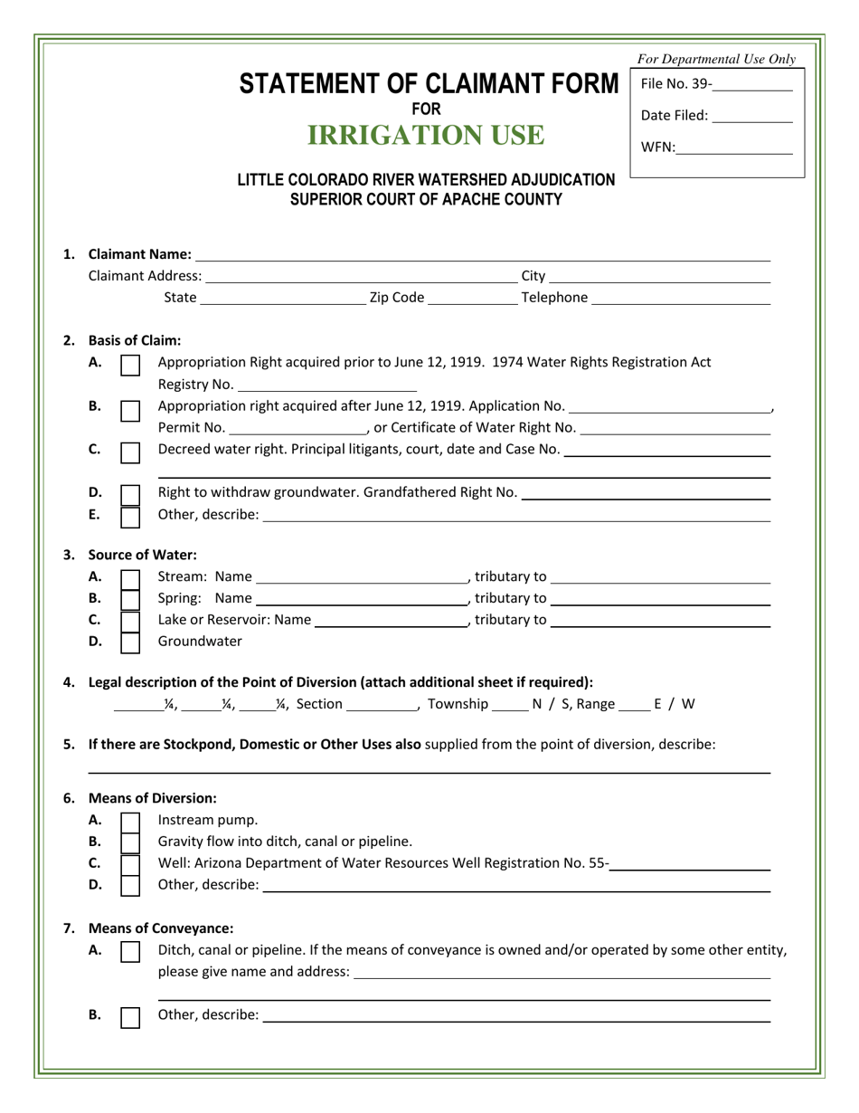 Statement of Claimant Form for Irrigation Use - Little Colorado River Watershed Adjudication - Arizona, Page 1
