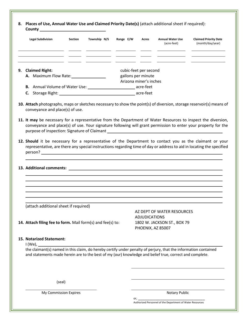 Arizona Statement Of Claimant Form For Irrigation Use - Little Colorado 