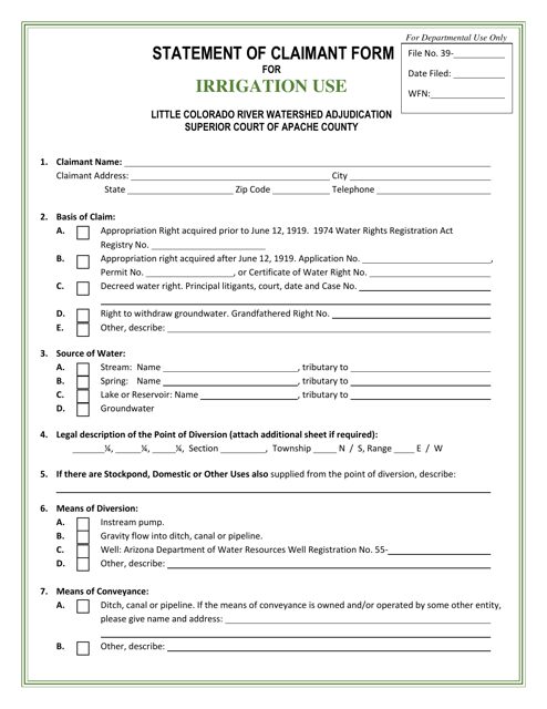 Statement of Claimant Form for Irrigation Use - Little Colorado River Watershed Adjudication - Arizona Download Pdf