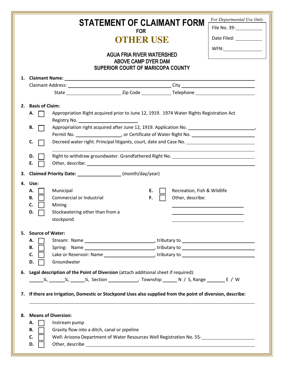 Statement of Claimant Form for Other Use - Aqua Fria River Watershed - Arizona, Page 1