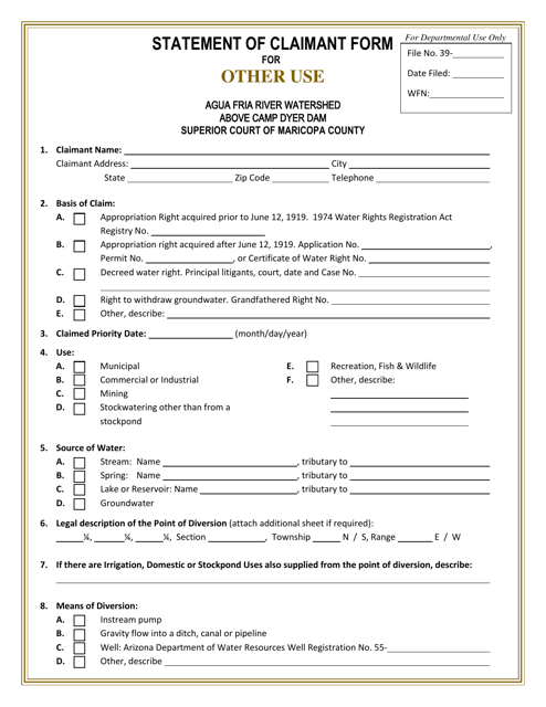 Statement of Claimant Form for Other Use - Aqua Fria River Watershed - Arizona Download Pdf