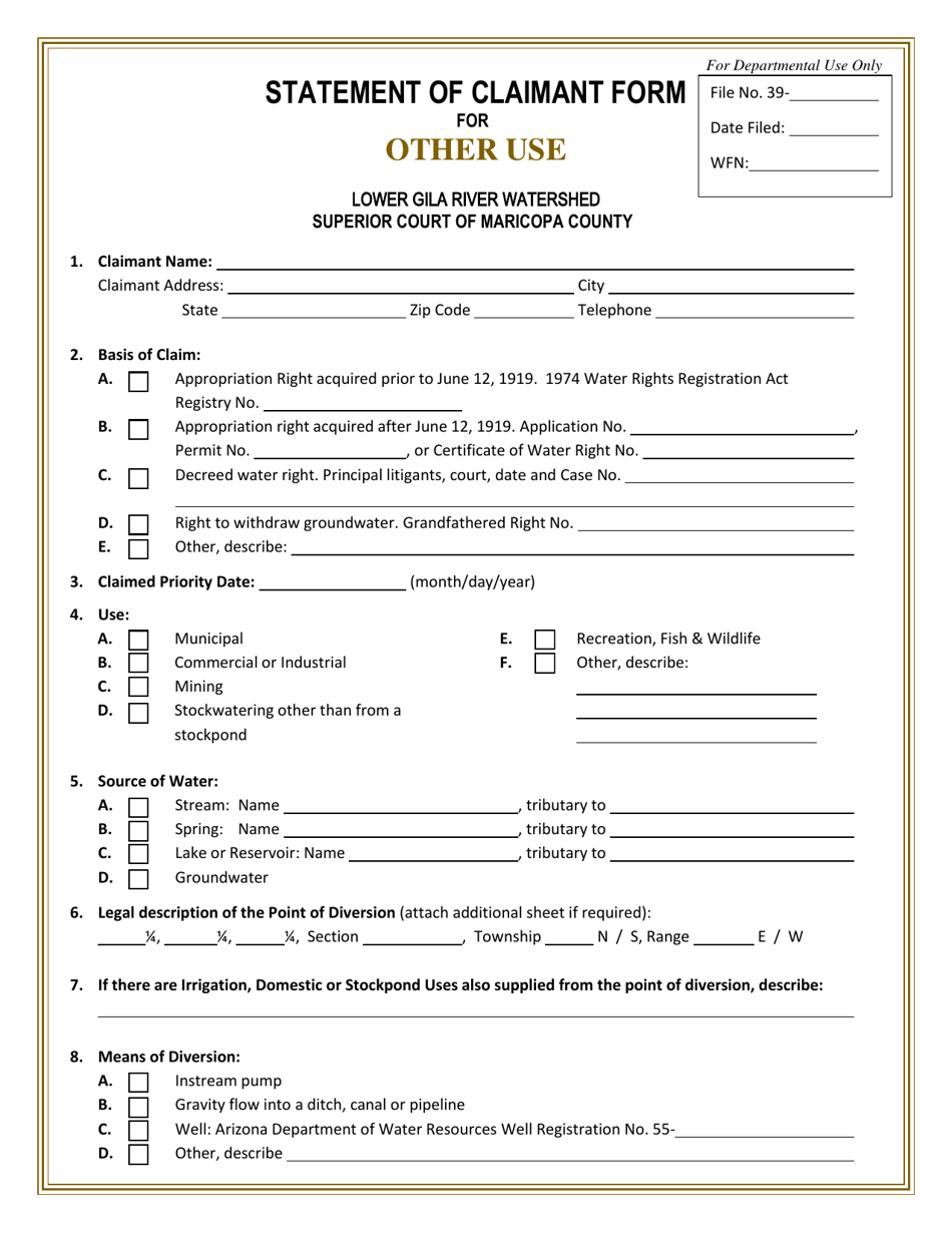 Statement of Claimant Form for Other Use - Lower Gila River Watershed - Arizona, Page 1