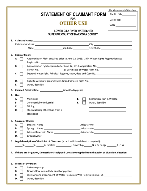 Statement of Claimant Form for Other Use - Lower Gila River Watershed - Arizona Download Pdf