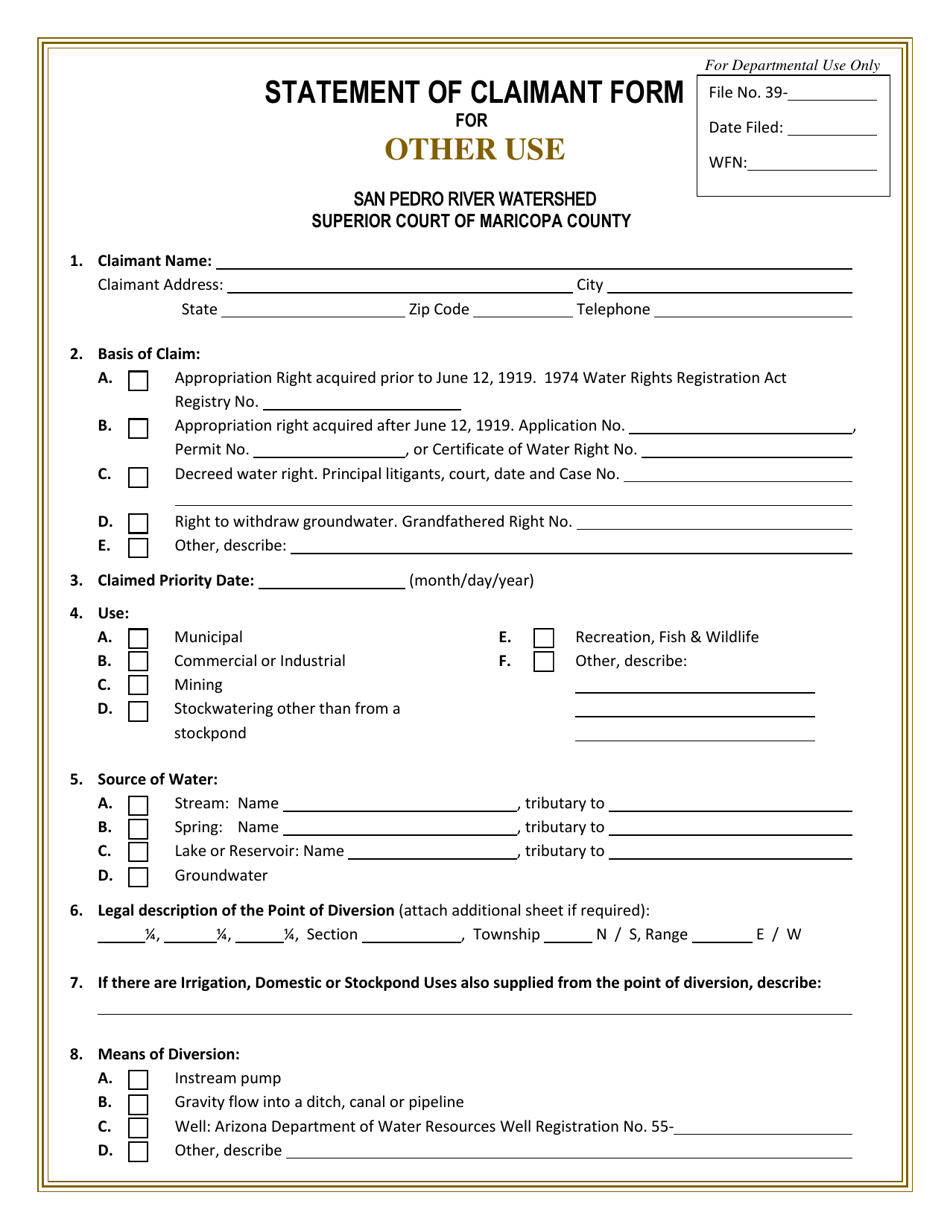 Statement of Claimant Form for Other Use - San Pedro River Watershed - Arizona, Page 1
