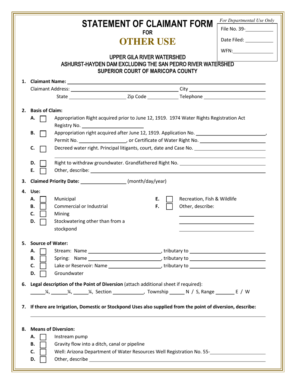 Statement of Claimant Form for Other Use - Upper Gila River Watershed - Arizona, Page 1